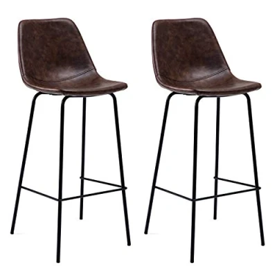 Image de Happy Garden Lot de 2 tabourets Bar Vintage Lucien Marron Hauteur d&#039;assise 75cm, Style Retro avec Dossier et Repose Pieds, Structure métallique