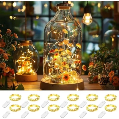 Image de Guirlande lumineuse LED à piles, 12 x 20 micro LED, fil de cuivre, fonctionne sur 2 m, petites guirlandes lumineuses, étanche, pour fête, mariage, Noël, éclairage décoratif (blanc chaud)