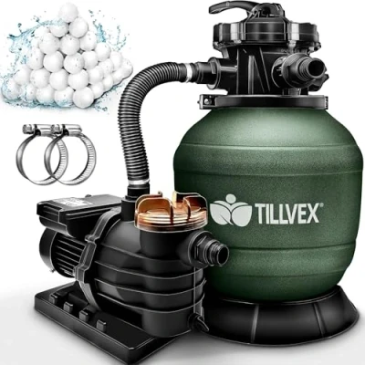 Image de tillvex® Système de Filtre à Sable 13 200L/h jusqu&#039;à 40 000L + 1200g Boules 7 Fonctions Filtration &amp; Adaptateur 2en1 Ø32 38mm piscine avec indicateur pression (Vert)
