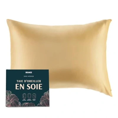 Image de DREAMZIE Taie d Oreiller en Soie 100% Naturelle de mûrier pour Les Cheveux et la Peau 19 mm des Deux côtés 1 unité Doré 50x70 cm
