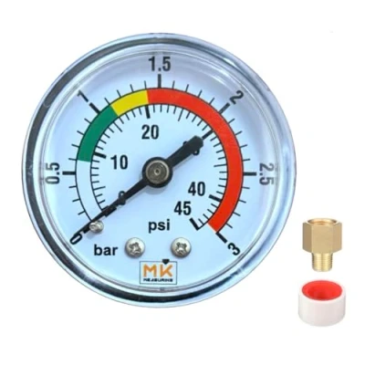 Image de Manomètre de filtre piscine 0 3 bar/45 psi connexion 1/4&quot;NPT connecteur arrière en laiton, pour a sable fournis avec un teflon ainsi qu’un adapteur 1/8&quot;