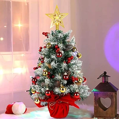 Image de KAHEIGN Mini Sapin de Noël, 60cm Arbre Noël Artificiel Pin Table Petit en Pot avec Boule Étoile Pomme Baies Rouges pour Décorations Bureau à Domicile