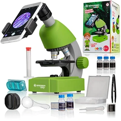 Image de Bresser Junior Microscope pour enfants éclairage LED réglable support smartphone préparation de spécimens et échantillons préparés l&#039;éducation l&#039;exploration microcosmique Vert