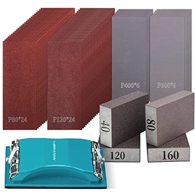 Image de Libraton Papier Abrasive 65 Pièces, Assortiment de Verre Grain 80 à 600 Feuilles avec Ponceuse Main, Éponges poncer 40/80/120/160, finition meubles en bois polissag