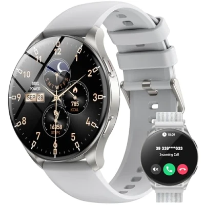 Image de IOWODO Montre Connectée Femme Homme, Appel, Écran à AMOLED Allumé, 2 Bracelets,100 Modes de Sport, Appel Bluetooth, Assistant Vocal, pour Android/iOS（Doré）