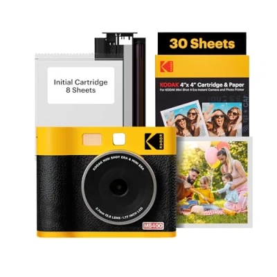 Image de KODAK Mini Shot 4 Era 4PASS 2 in 1 Appareil Photo Instantané et Imprimante Portable (10x10cm) (Lot Accessoire avec 68 Feuilles (8 initiales + Paquet de 60 Feuilles), Noir)