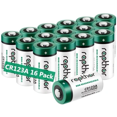 Image de Rapthor CR123A Lot de 16 piles au lithium 3 V 1650 mAh CR17345 protégées PTC pour appareil photo, lampe poche, alarme, capteurs intelligents (non rechargeables, non compatibles avec Arlo)