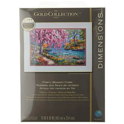 Image de Dimensions Cherry Blossom Creek Gold Collection Kit de Broderie au Point Croix Aida 16 Fils Bleu Clair 25,4 x 38,1 cm compté, Doré, Taille Unique