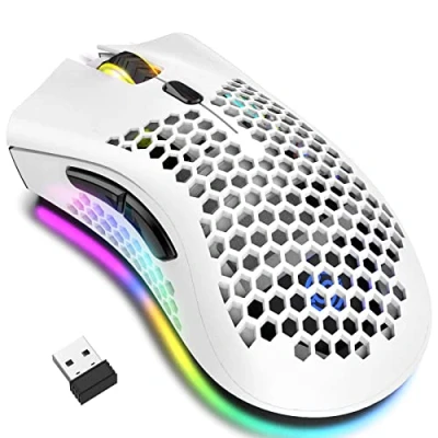 Image de JYCSTE Souris de Jeu sans Fil, d&#039;ordinateur avec Plaque en nid d&#039;abeille, 7 Boutons programmés, 3 DPI réglables, récepteur USB, Portable Ergonomique RGB pour PC (White)