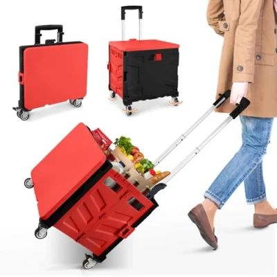 Image de Chariot de Courses, Courses Pliable Capacité 50L et Surcharge 50kg, Panier à Provisions avec Couvercle, Poignée Extensible en Aluminium, 4 Roues Roue Métal 360, 103 x 43 38 cm