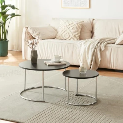 Image de [en.casa] Set de 2 Tables Basses Rondes Gigognes Tailles Différentes Table d&#039;Appoint Bout Canapé Design Intemporel Panneaux Particules Acier Laqué Noir Chrome