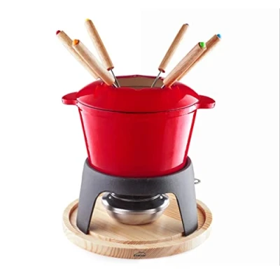 Image de Lacor 71711 Service à fondue en fer forgé émaillé, support avec base bois, adapté l&#039;induction, 6 fourchettes Ø 16,5 x 10 cm (1,7 litres), Rouge