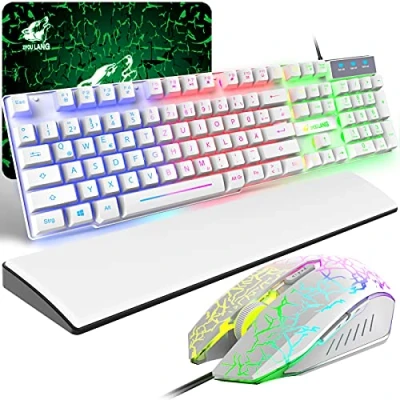 Image de Ensemble Clavier Souris Gaming avec Repose Poignet, QWERTZ de Layout Rétroéclairé Coloré LED Filaire 6 Boutons 2400DPI, Tapis Souris, Compatible Windows, Mac, PS4, Blanc