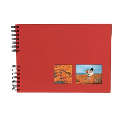 Image de Exacompta Réf. 15008E Album photos à spirales MILANO 150 50 pages noires format 32 x 22 cm couverture en papier rouge effet textile fenêtre de personnalisation certifié FSC