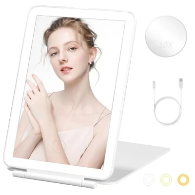 Image de Miroir Rechargeable de Voyage,Miroir,LED Maquillage,2000mAh Maquillage Lumineux avec Lumières LED,USB Tactile Voyage 3 Couleurs écran Table