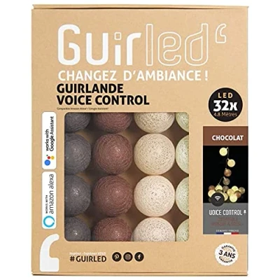 Image de GuirLED Guirlande lumineuse boules coton LED USB Commande Vocale Amazon Alexa &amp; Google Assistant Programmable à l&#039;infini Adaptateur secteur 2xUSB inclus 32 3.2m Chocolat