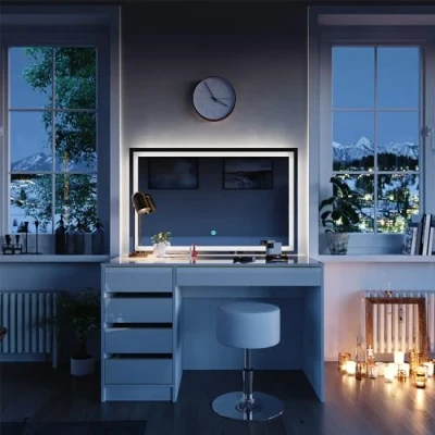 Image de Vicco Coiffeuse Sherry, Blanc/Or, 120 cm avec Miroir LED et Tabouret