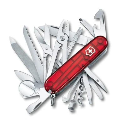 Image de Victorinox Swiss Champ Couteau de Poche Suisse, Léger, Multifonction, 33 Fonctions, Lame, Ciseaux, Tire Bouchon, Rouge Transparent