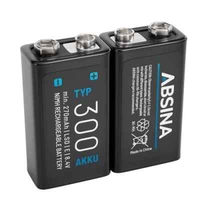 Image de ABSINA 2X Pile 9V Rechargeable 300 à Faible Auto Décharge Piles NiMH avec 8,4V &amp; au Minimum 270mAh Batterie Rechargeable, 6LR61 9V, 6LR20 Pile, rectangulaire 6F22