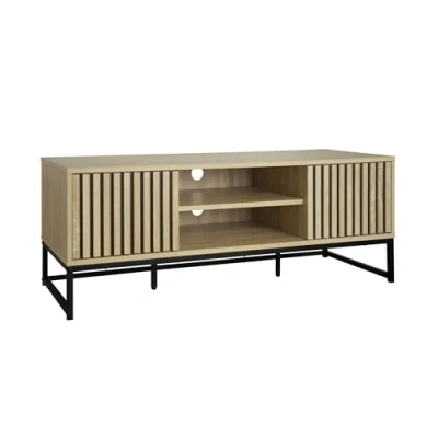 Image de sweeek Meuble TV en décor Bois rainuré L 120cm et piètement métal Noir. système d&#039;ouverture par Pression