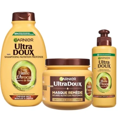 Image de Garnier Ultra Doux Coffret Routine Cheveux Frisés Avocat et Beurre de Karité, Ensemble 3 pièces