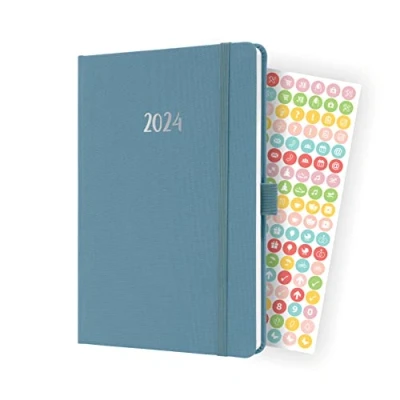Image de SIGEL J4401 Agenda semainier Jolie 2024, certification FSC, 2 pages = 1 semaine, couverture rigide à en tissu, environ A5, bleu, 174