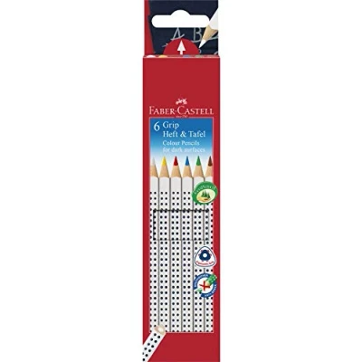 Image de Faber Castell GRIP 113210 Étui de 6 crayons couleur pour cahier et ardoise Contenu : blanc, jaune, rouge, bleu, vert marron