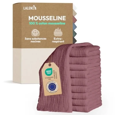 Image de Laleni Lot de 30 Lange Bebe 70x70 Langes Coton bébé Haute qualité 100% Multi Usage Gaze mousselines très absorbantes debarbouillette Lavable Carre Rose