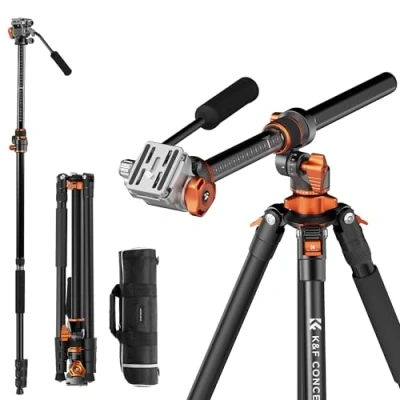 Image de K&amp;F Concept Trépied Vidéo, 231cm Appareil Photo avec Tête Fluide Inclinaison à 90/ 90, Horizontal Colonne Centrale de Rotation 360, pour Caméra Vidéo,DSLR, Caméscope T254A7