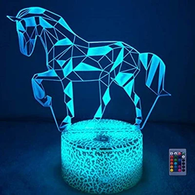 Image de Illusion 3D Cheval Lampe Lumières Art Déco LED Contrôle à distance 7/16 Couleurs Change Veilleuse USB Powered Enfants Cadeau Anniversaire Noël