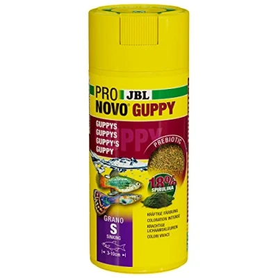 Image de JBL PRONOVO GUPPY GRANO, Aliment de Base pour Guppys et autres Poissons Ovovivipares 3 10 cm, Granulés Poissons, Doseur à clic, taille S, 250 ml