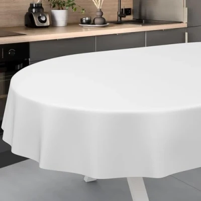 Image de ANRO Nappe en Toile cirée, Lavable, pour Table de Jardin, extérieur, intérieur, Ovale, Bord coupé, Blanche, 180 x 140 cm