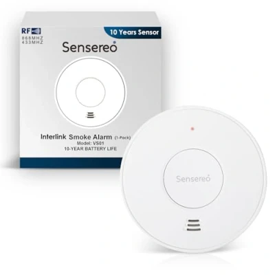Image de Sensereo Détecteur de Fumée sans Fil Interconnecté Batterie Scellée 10 Ans Indicateur LED Portée 250 m Certifié CE EN14604 et Incendie RF (1 Pack)