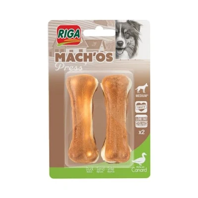 Image de RIGA Mach&#039;os Os pour Chien M Peau De Buffle Riche en Protéines Au Canard Hygiène Buccale Mastication Et Récompense x 2