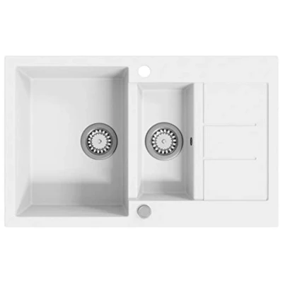 Image de vidaXL Evier de Cuisine Double Lavabo Egouttoir Encastré Réversible avec Trou Montage pour Robinet et Distributeur Savon Intérieur Maison Granit Blanc