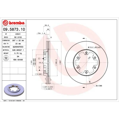 Image de BREMBO 09.5873.10 Disque de frein 267 22 6 ventilé l&#039;intérieur NISSAN: Pick Up, Navara up