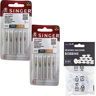 Image de Singer Lot de 10 Aiguilles pour Machine à Coudre 2045 Epaisseur assortiment 70/10 et 80/12 les tissus élastiques tricotés (extensibles) 130/705 H S (talon plat sur un côté) Universelle