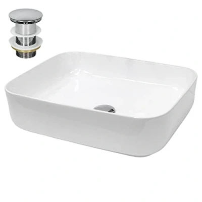 Image de ECD Germany Vasque à Poser Lavabo Salle de Bain Rectangulaire 505 x 395 135 mm en Céramique Blanc avec Kit Vidange Push Open 1 1/4&quot; Lave Mains Évier Toilette Douche