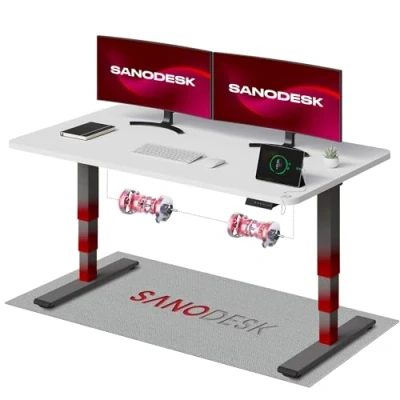 Image de SANODESK EC4 Bureau Assis Debout(140x80cm), Réglable en Hauteur avec 2 Moteurs Puissants, Électrique Commande à mémoire et 3 Colonnes(Cadre Gris+Plateau Blanc)