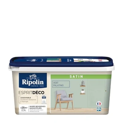 Image de RIPOLIN Peinture Intérieure Multi Supports Murs, Boiseries &amp; Radiateurs Ultra Couvrante Lessivable Application Facile Ecolabel Satin 2,5L Vert Palatino