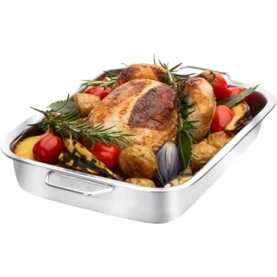 Image de Plat à rôtir en acier inoxydable avec fond surélevé plaque de cuisson extra large 35 cm, passe au four et la cuisson, bord renforcé, répartition homogène chaleur, idéal pour les