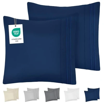 Image de Dreamzie Taie Oreiller 60x60 Lot de 2 en Microfibre Brossée Certifiée Oeko Tex Housse Coussin Douce avec Motifs Brodés Bleu Foncé