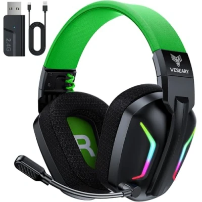 Image de WESEARY WG1 Casque Gaming sans Fil, 2,4 GHz Bluetooth Fil avec Micro pour PS5, PS4, PC, Switch, Mac, Mobile, PS5 Pliable Son Stéréo et Éclairage RGB, Batterie de 50h