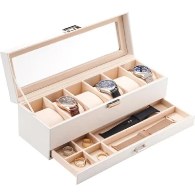 Image de Procase Boite a Montre à 2 Niveaux, 6 Emplacements avec Coussins pour Montres, 2ème Compartiment des Petits Bijoux Accessoire, Couvercle en Verre Blanc