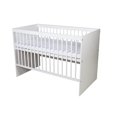 Image de KMbaby Lit Tany Blanc 120 x 60 cm bébé avec sommier à Lattes 3 Niveaux réglables en Hauteur Bois de pin laqué