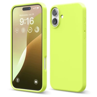 Image de elago Coque Silicone Liquide Premium Compatible avec iPhone 16 Plus Étui, Housse de Protection Intégrale, Antichoc, Étui Mince, Doublure en Microfibre Antirayures (Jaune Fluo)