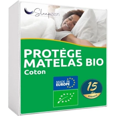 Image de SLEEPZEN Protege Matelas 120x200cm Alèse Coton Absorbant Bio Certifié OCS® Molleton 180gr Housse de Anti Acarien, Fabriqué en Europe, Forme Drap Housse, Rabats épais Non Imperméable