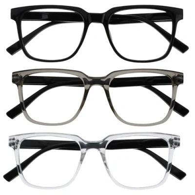 Image de OPULIZE LEO Lunettes de Lecture Lot 3 Monture Rectangulaire Large Noir, Gris, Transparent Hommes Femmes Charnières à Ressorts RRR55 17C +1.00