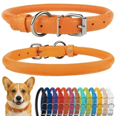 Image de CollarDirect Collier de Chien en Cuir roulé, Chiot Rond rembourré Doux, véritable Fait à la Main pour Petit Grand Chat (35 40 cm, Texture Orange)