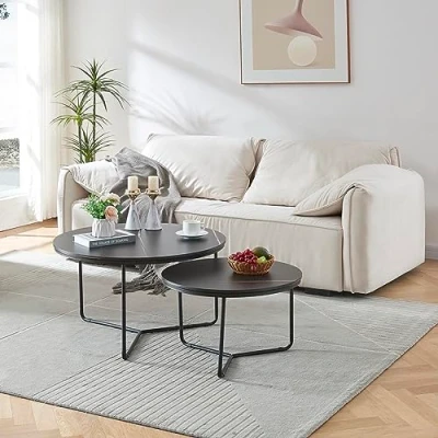 Image de [en.casa] Set de 2 Tables Basses Gigognes Lot d&#039;Appoint Tailles Différentes Bout Canapé Stylé Panneau Particules Métal Effet Marbre Noir